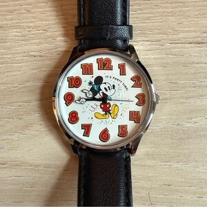Disney Parks Mickey Mouse 90th Birthday Watch It's Party Time! Blck Leather Band